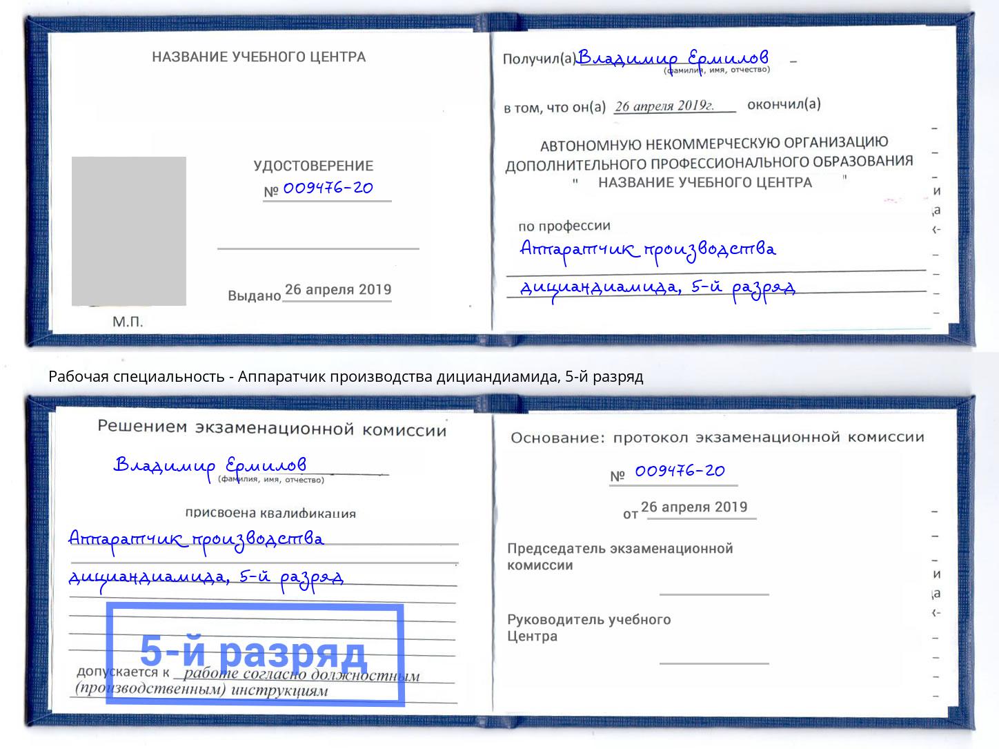 корочка 5-й разряд Аппаратчик производства дициандиамида Дубна