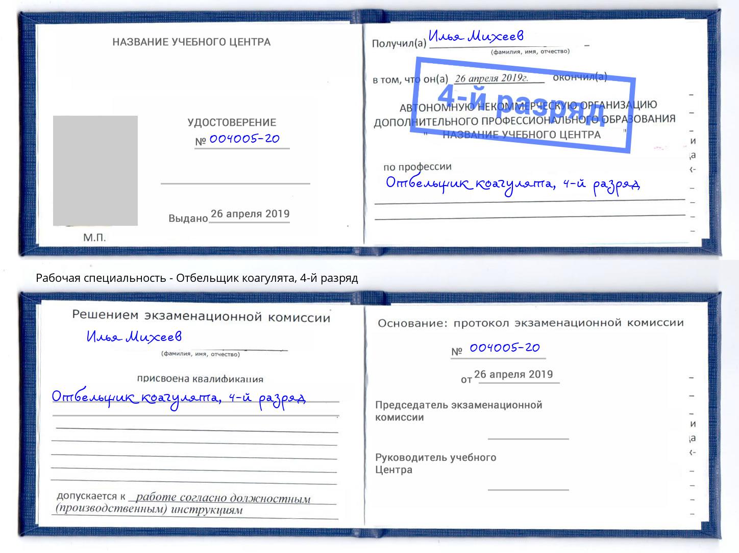 корочка 4-й разряд Отбельщик коагулята Дубна