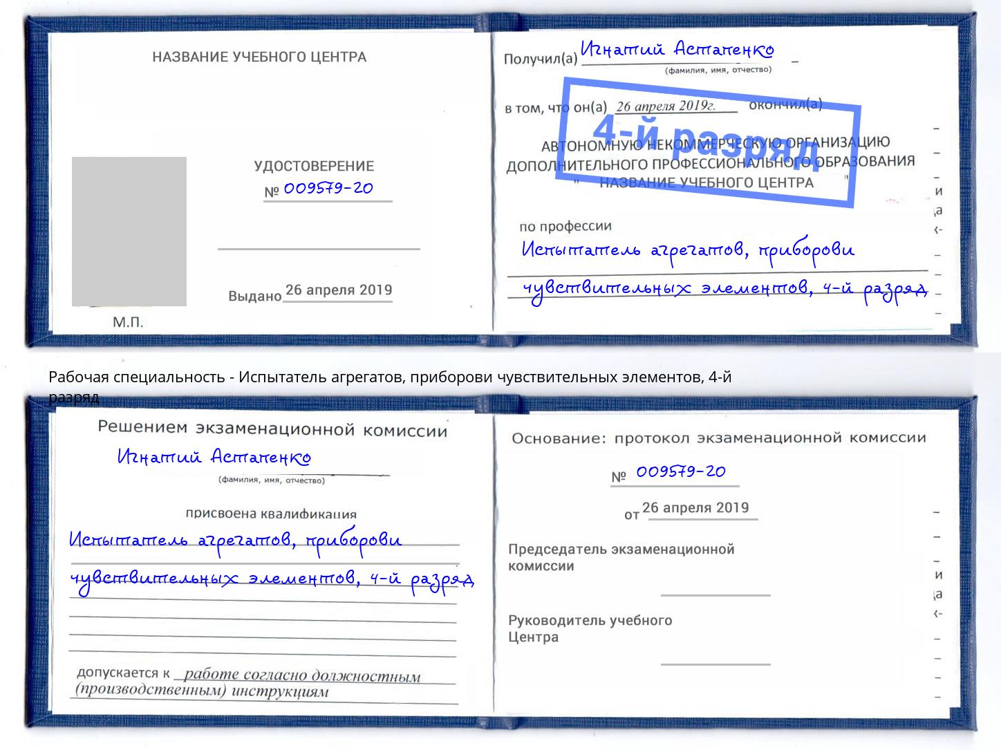 корочка 4-й разряд Испытатель агрегатов, приборови чувствительных элементов Дубна