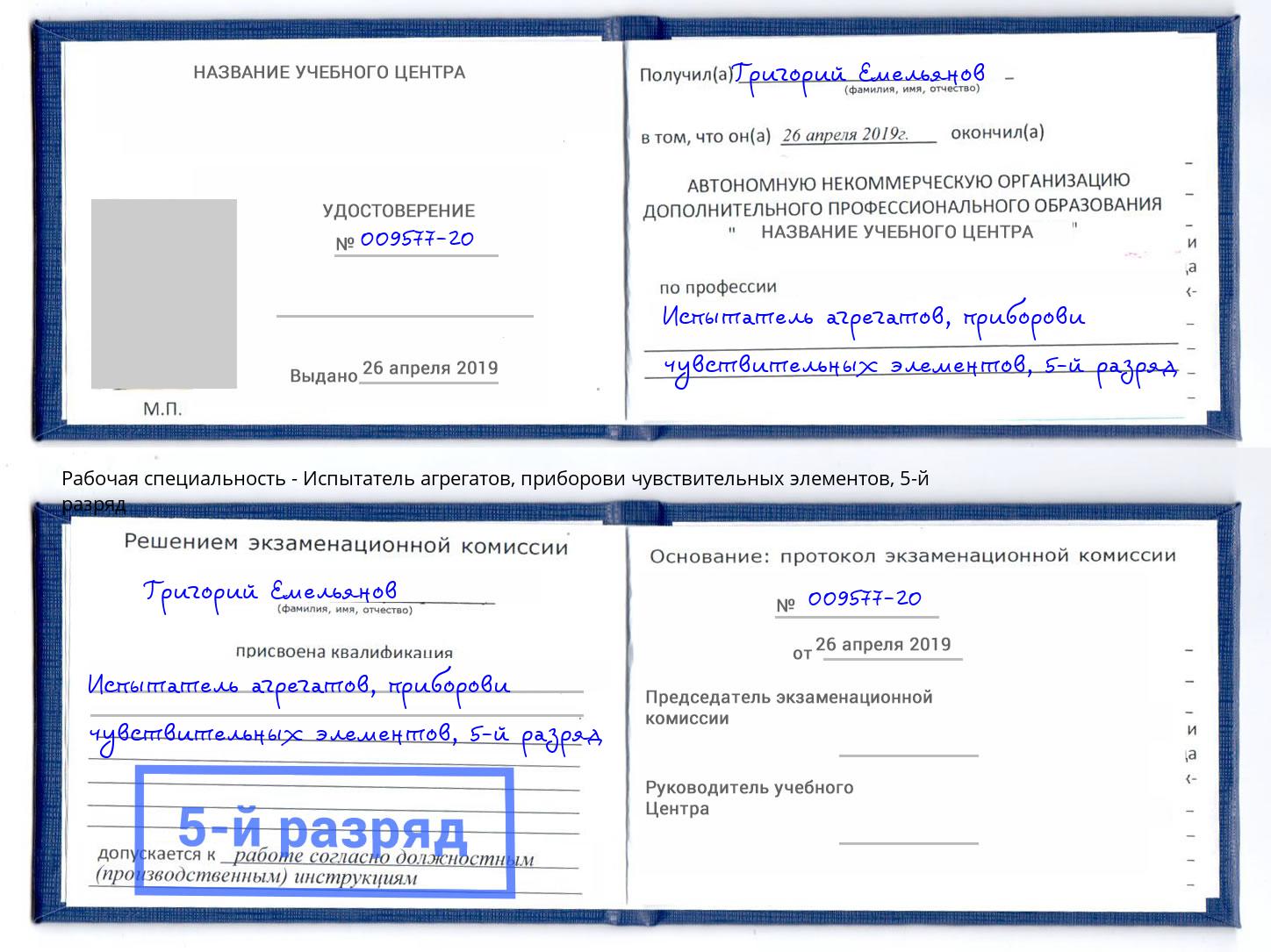 корочка 5-й разряд Испытатель агрегатов, приборови чувствительных элементов Дубна