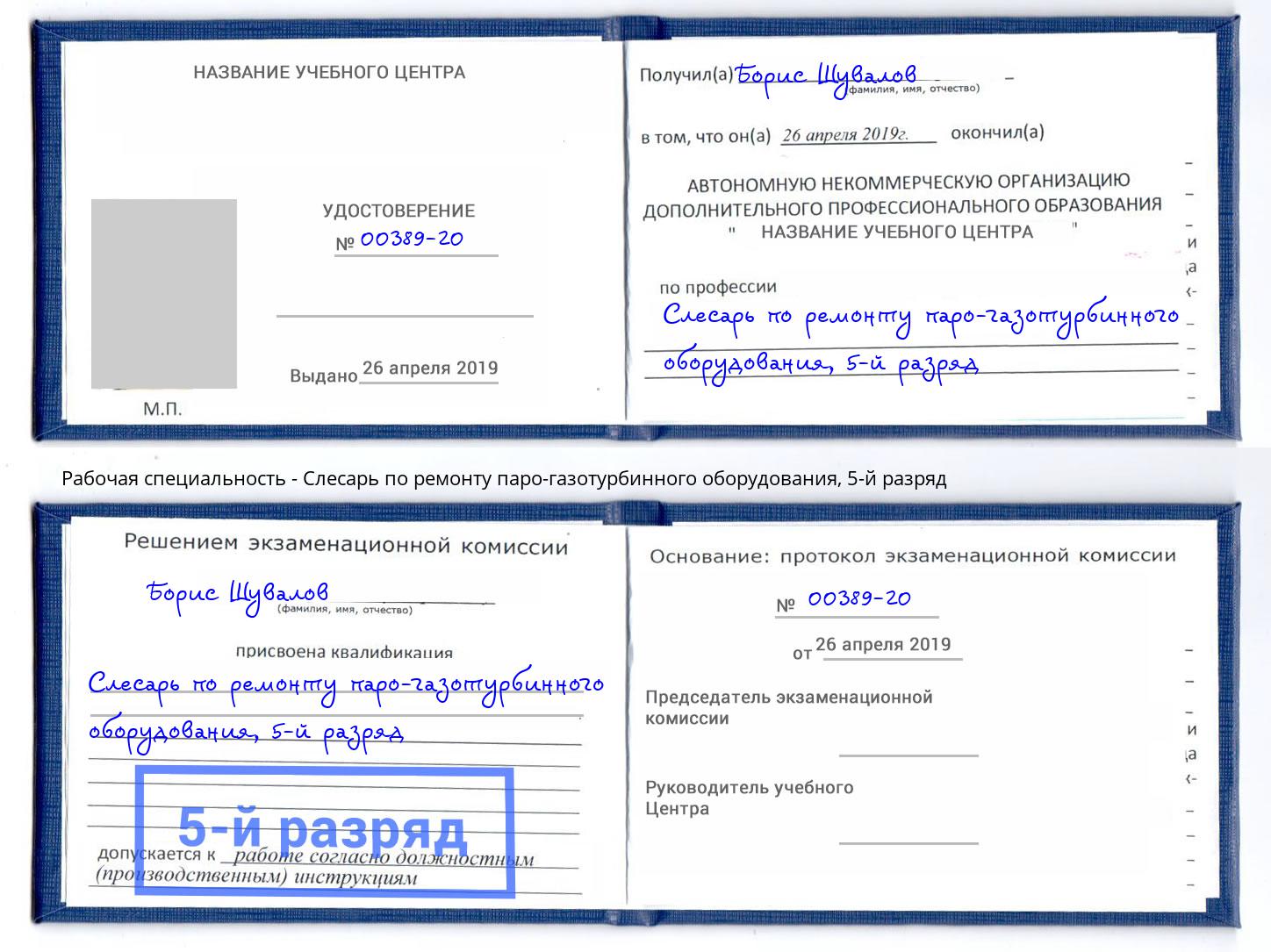 корочка 5-й разряд Слесарь по ремонту паро-газотурбинного оборудования Дубна