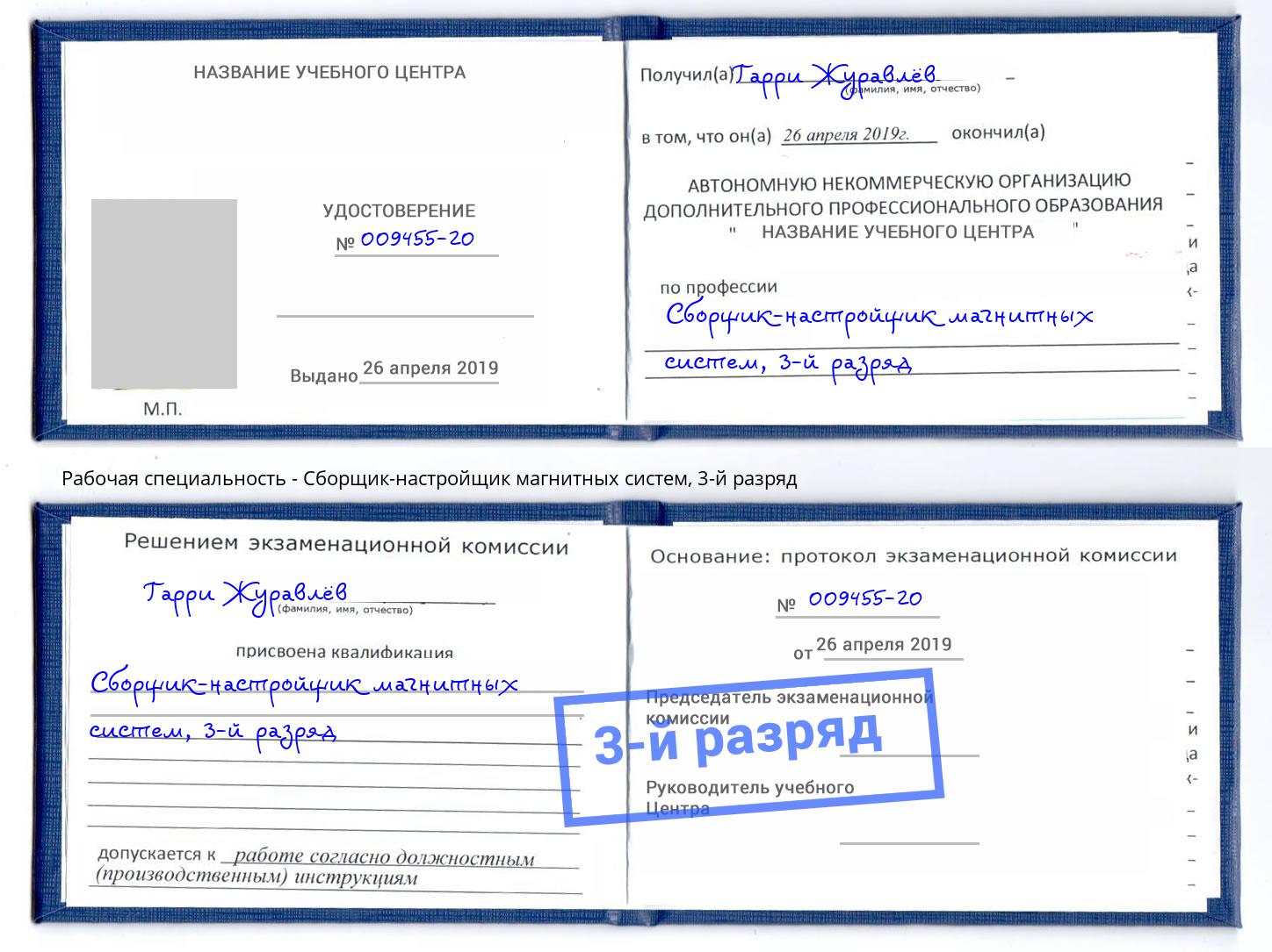 корочка 3-й разряд Сборщик-настройщик магнитных систем Дубна