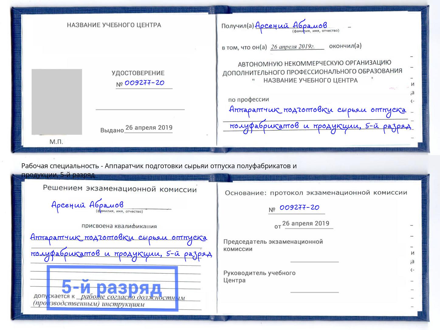 корочка 5-й разряд Аппаратчик подготовки сырьяи отпуска полуфабрикатов и продукции Дубна