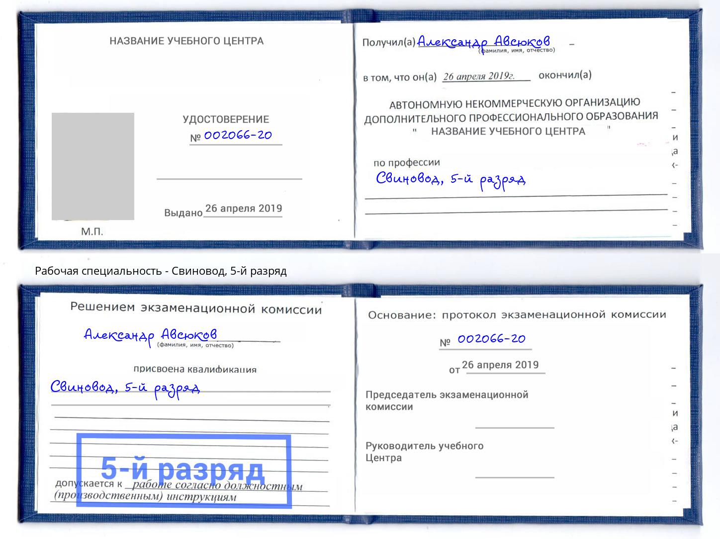 корочка 5-й разряд Свиновод Дубна