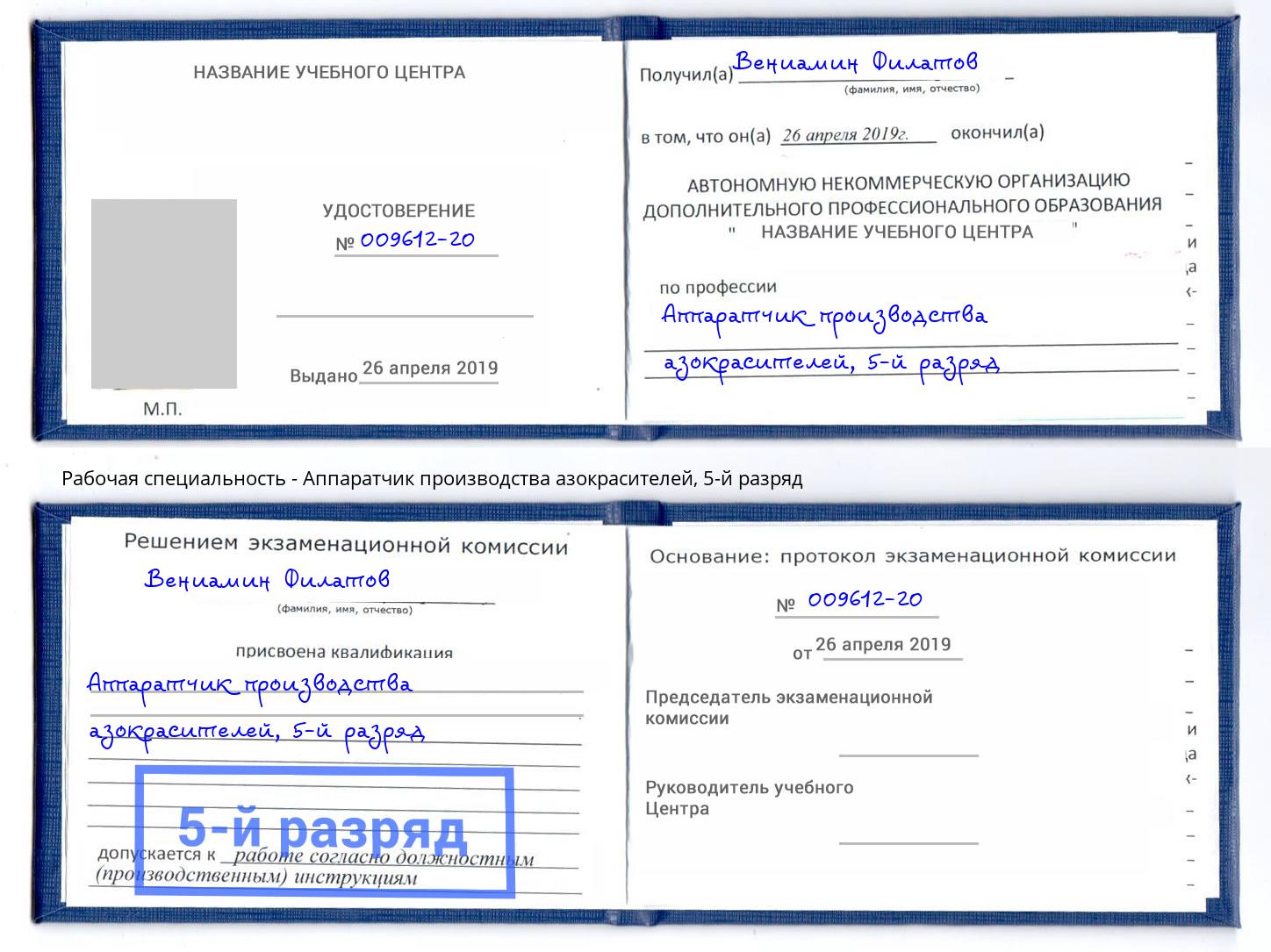 корочка 5-й разряд Аппаратчик производства азокрасителей Дубна