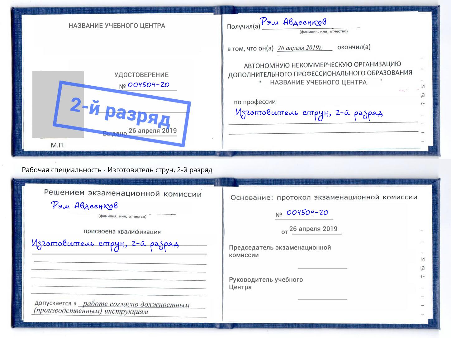 корочка 2-й разряд Изготовитель струн Дубна