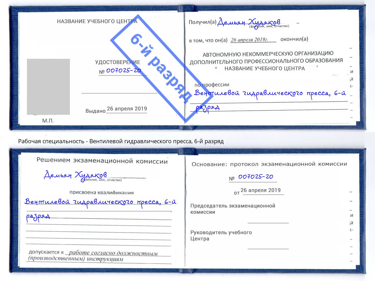 корочка 6-й разряд Вентилевой гидравлического пресса Дубна