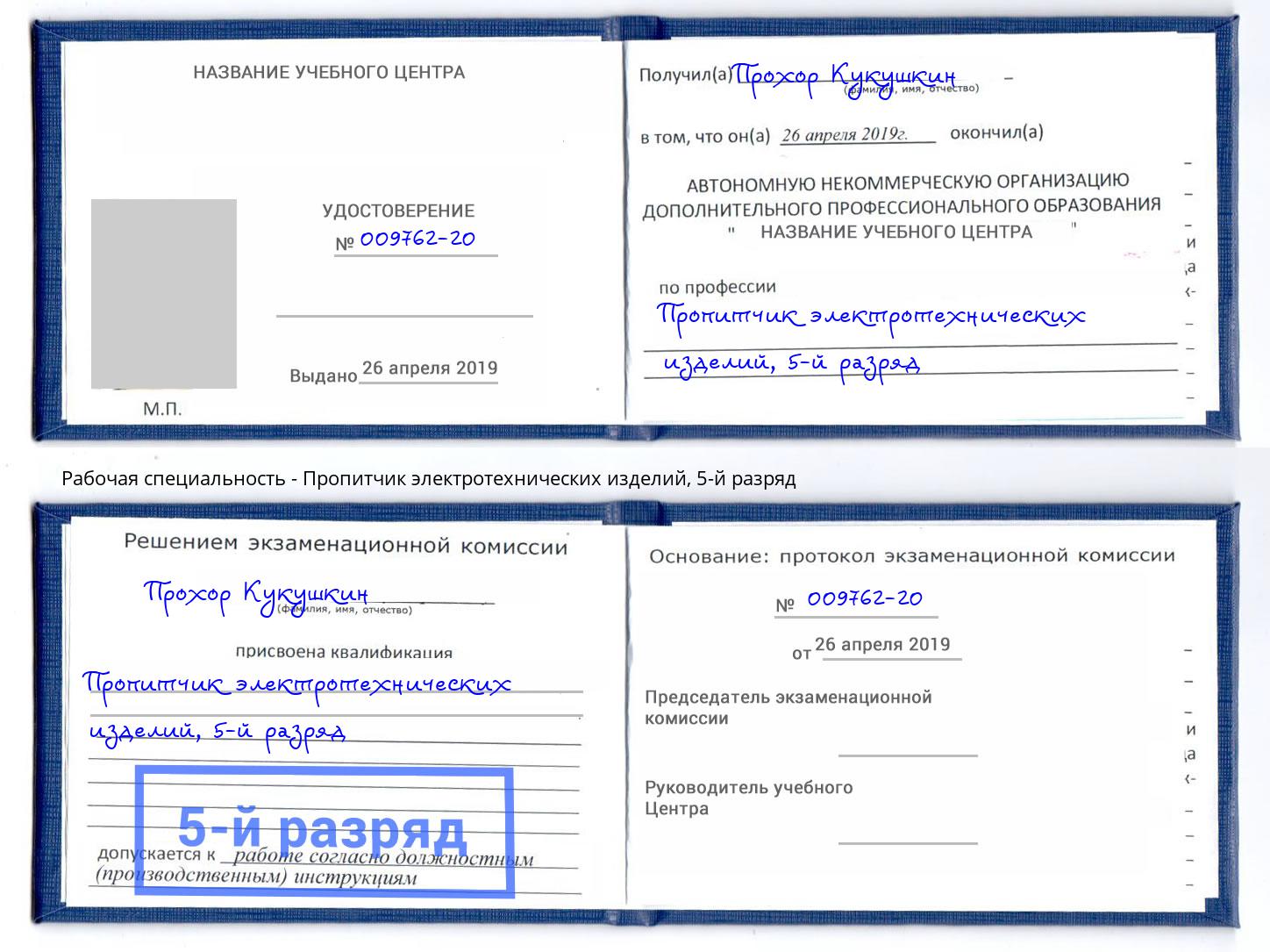 корочка 5-й разряд Пропитчик электротехнических изделий Дубна