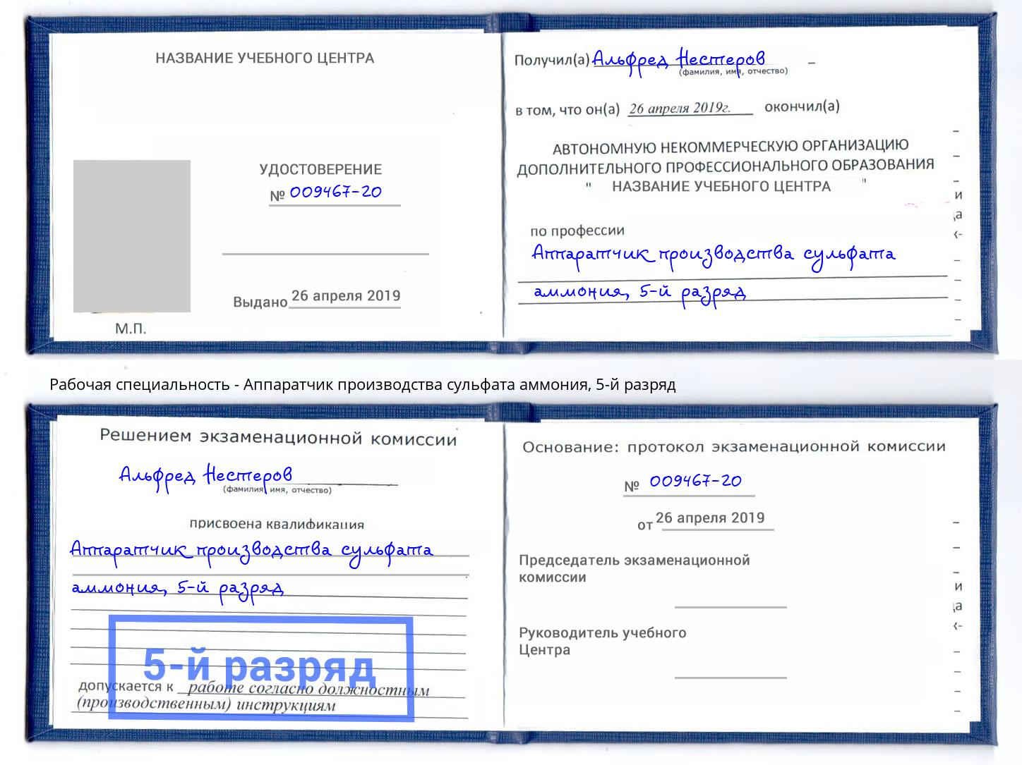 корочка 5-й разряд Аппаратчик производства сульфата аммония Дубна